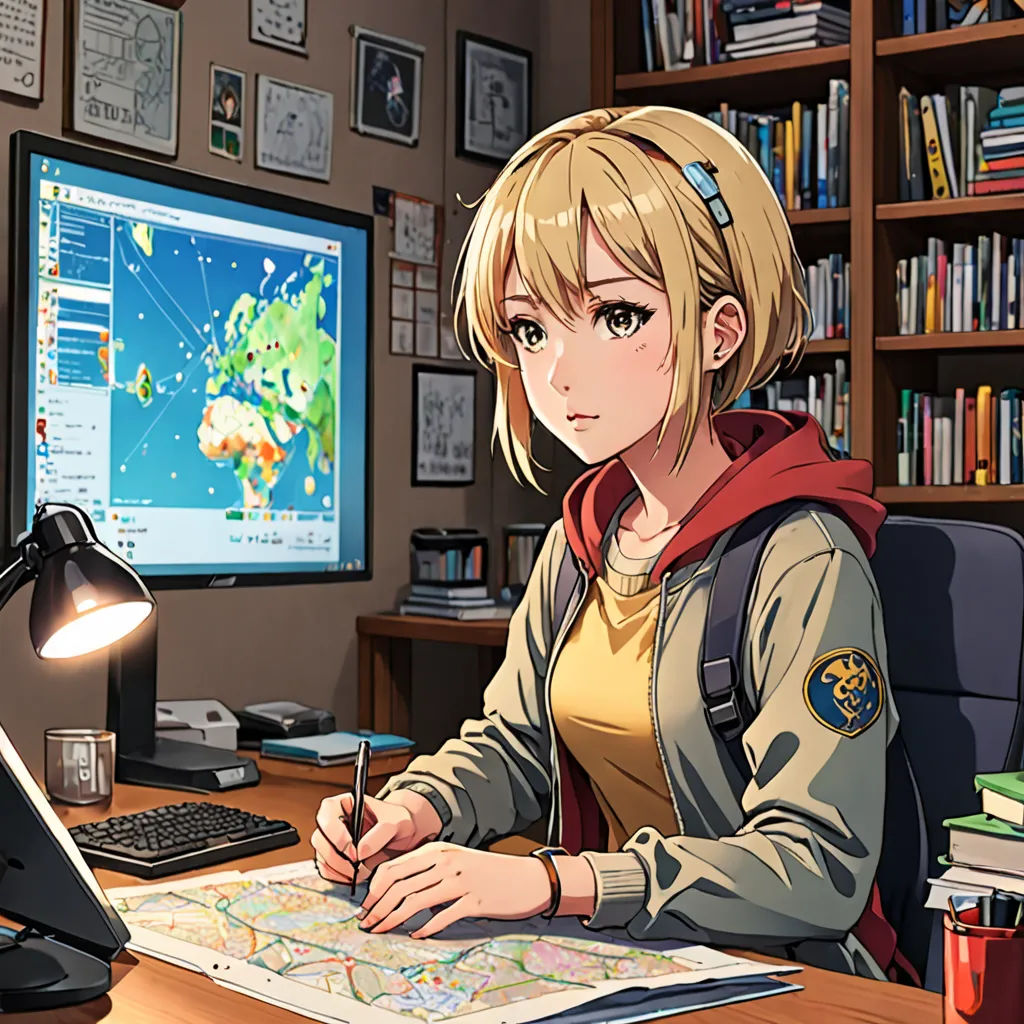 a woman sitting at a desk with a computer and a book in front of her, and a map on the desk, sots art, computer graphics, artist, official art
