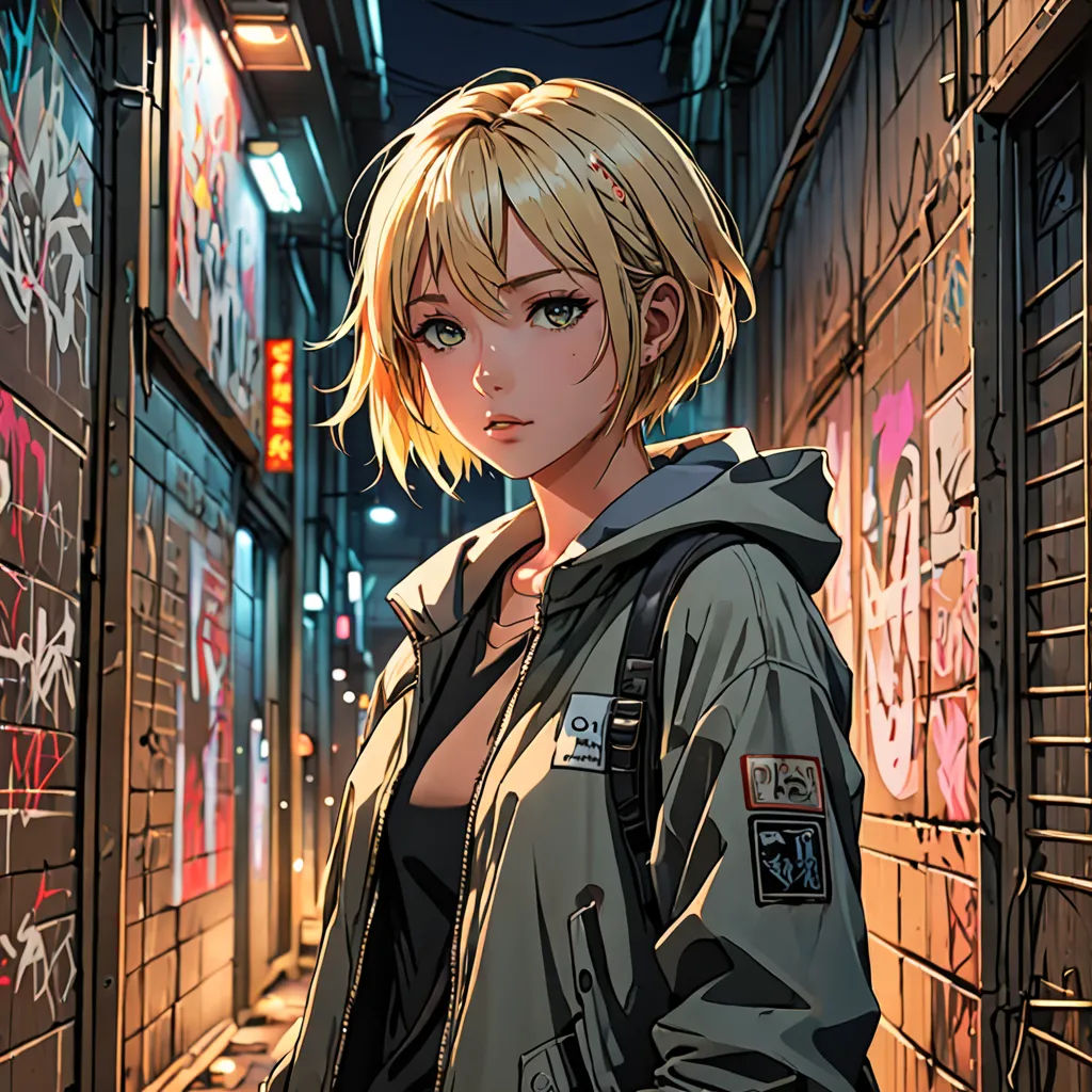 a woman standing in a alley with graffiti on the walls and a backpack on her back, in a city, graffiti, cyberpunk art, Artgerm, anime art