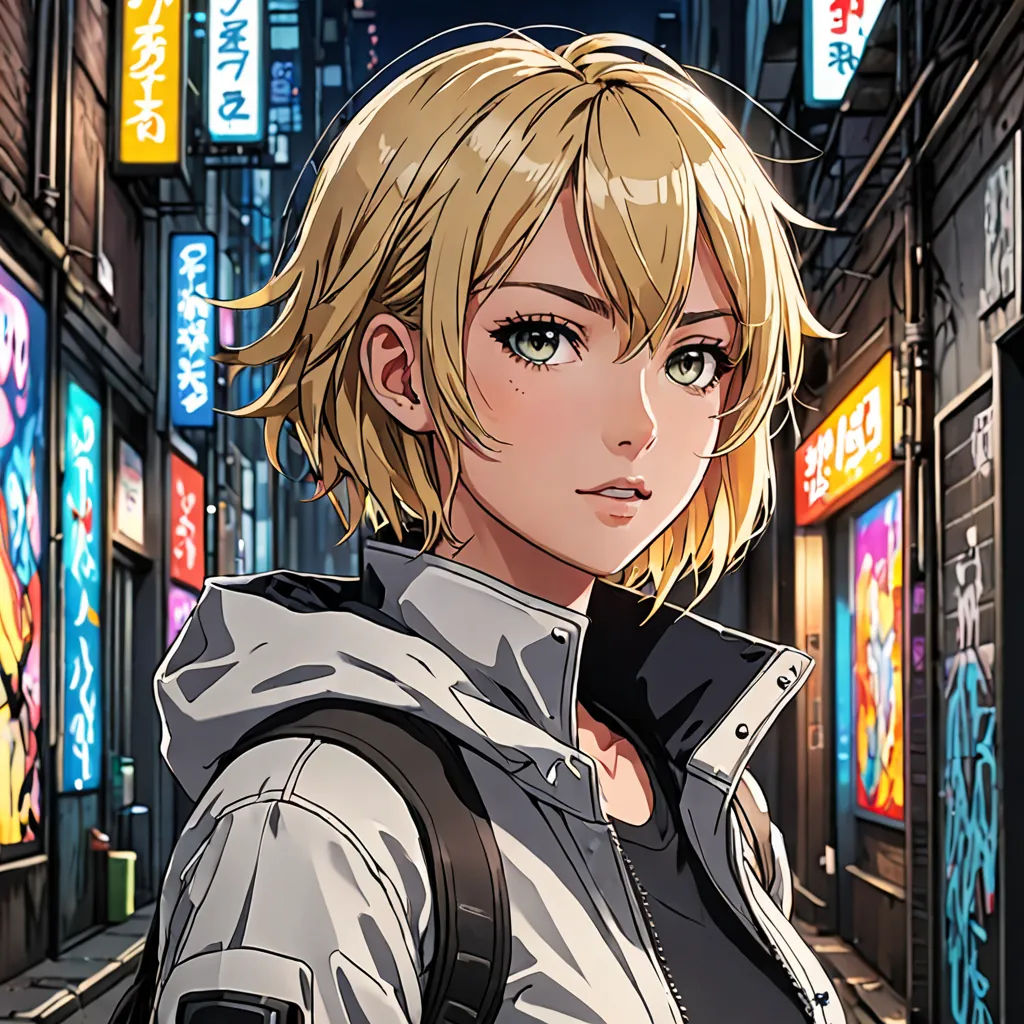 a woman in a city street with a backpack on her shoulder and a neon sign in the background that says,, sots art, a character portrait, Artgerm, official art
