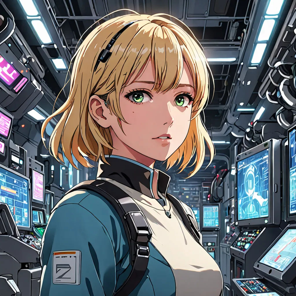 a woman in a space station with many monitors and a camera around her neck and shoulder, looking at the camera, space art, a character portrait, Chizuko Yoshida, official art