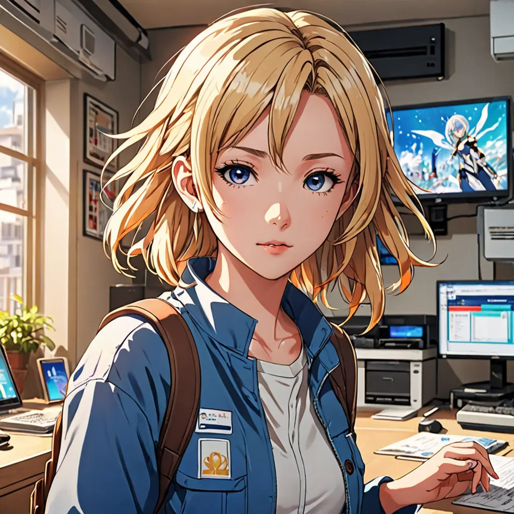 a woman in a blue jacket is using a laptop computer in a room with a lot of monitors and a desk with a computer, computer art, computer graphics, Chizuko Yoshida, official art