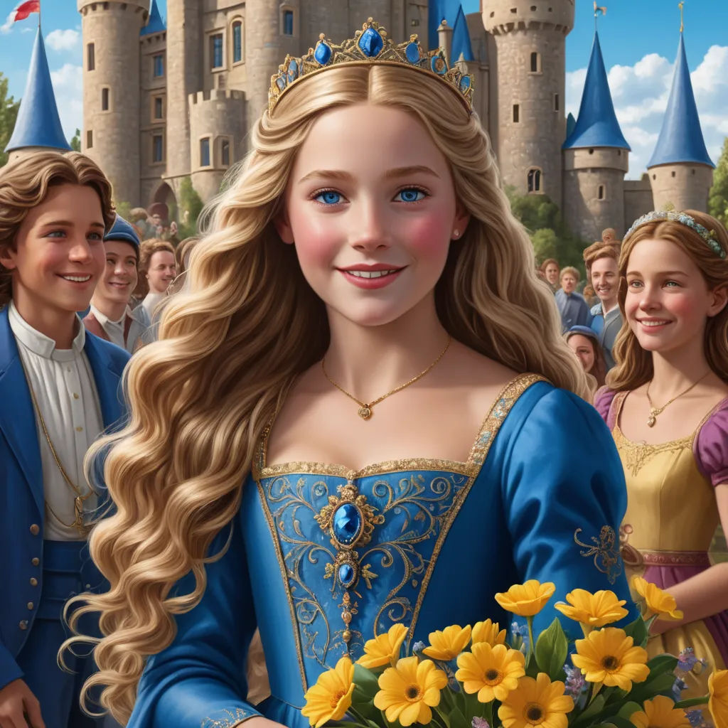 a painting of a girl in a blue dress with a crown and a man in a blue suit and a woman in a yellow dress, magical realism, a detailed matte painting, Arthur Hughes, official art