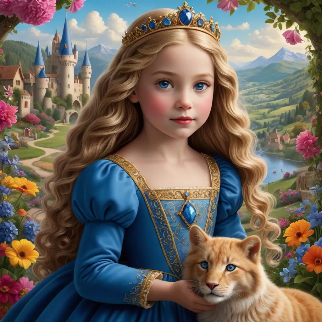 a painting of a little girl holding a cat in front of a castle with flowers and flowers around her, gothic art, a storybook illustration, Arthur Hughes, highly detailed digital painting