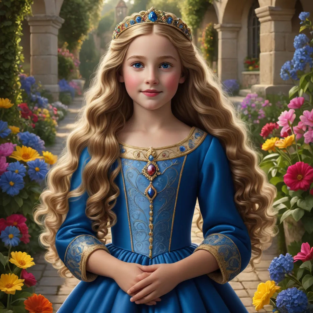 a painting of a little girl in a blue dress with flowers around her and a castle in the background, fantasy art, a storybook illustration, Arthur Hughes, highly detailed digital painting