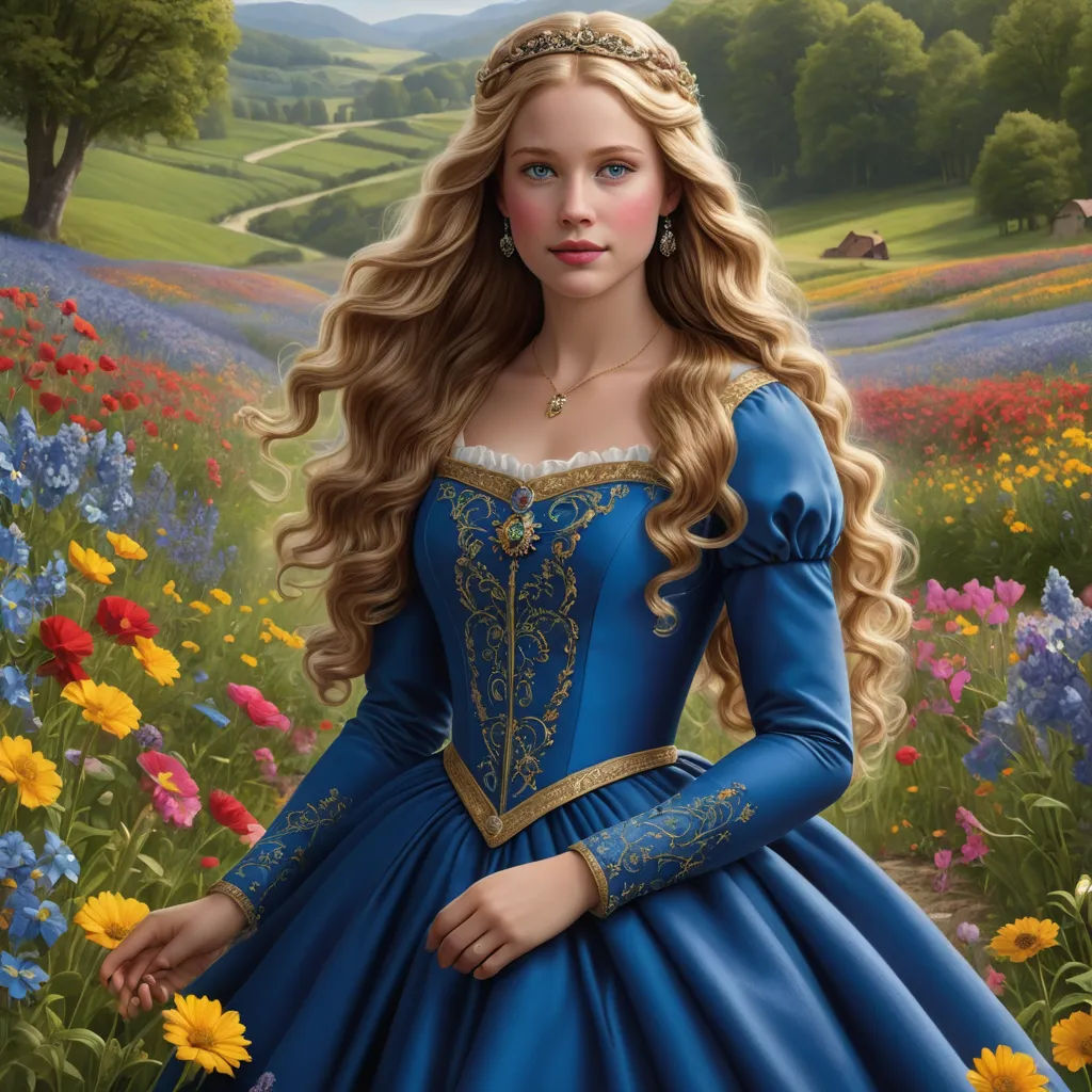 a painting of a woman in a blue dress in a field of flowers with a tree in the background, fantasy art, a detailed painting, Arthur Hughes, highly detailed digital painting