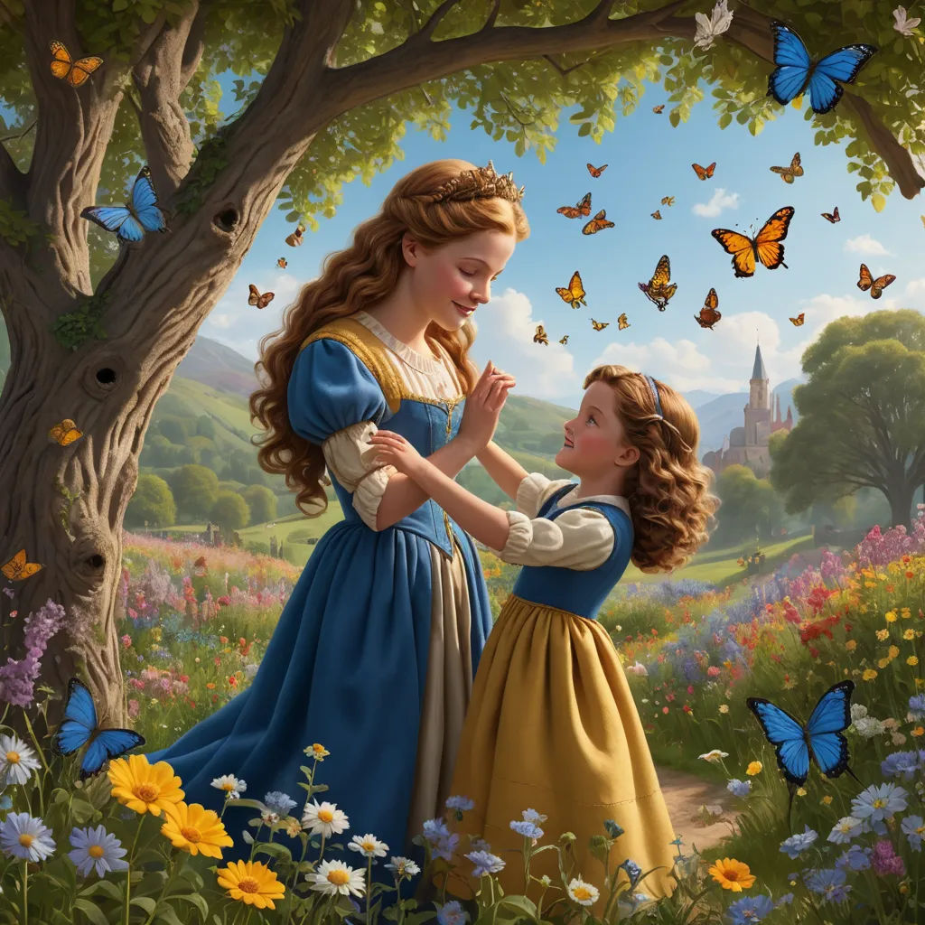 a painting of a woman and a girl in a field of flowers with butterflies flying around her and a castle in the background, magical realism, a storybook illustration, Arthur Hughes, storybook illustration