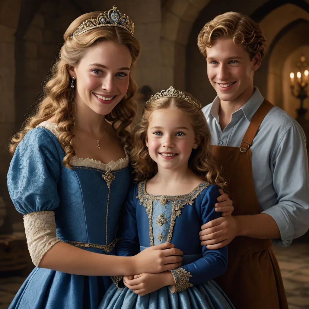 a man and a woman in costume posing for a picture with a little girl in a blue dress and a man in a white shirt, rococo, a poster, disney, promotional image