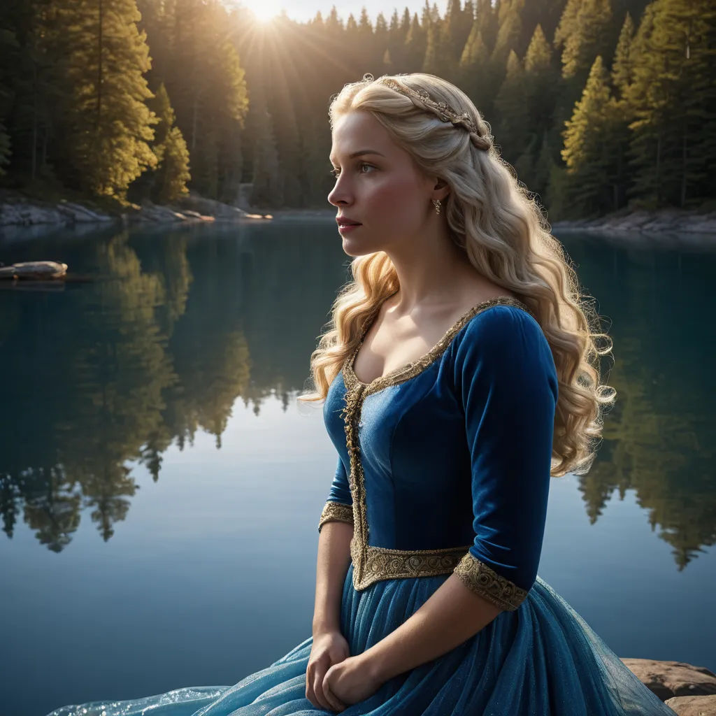 a woman in a blue dress sitting on a rock near a lake with trees in the background and a sun shining, renaissance, a character portrait, Dorothy Coke, promotional image