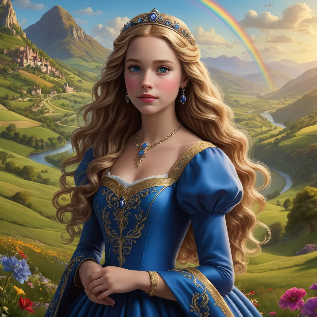 a beautiful young lady in a blue dress standing in front of a rainbow and mountains with a rainbow in the sky, fantasy art, a storybook illustration, Arthur Hughes, highly detailed digital painting