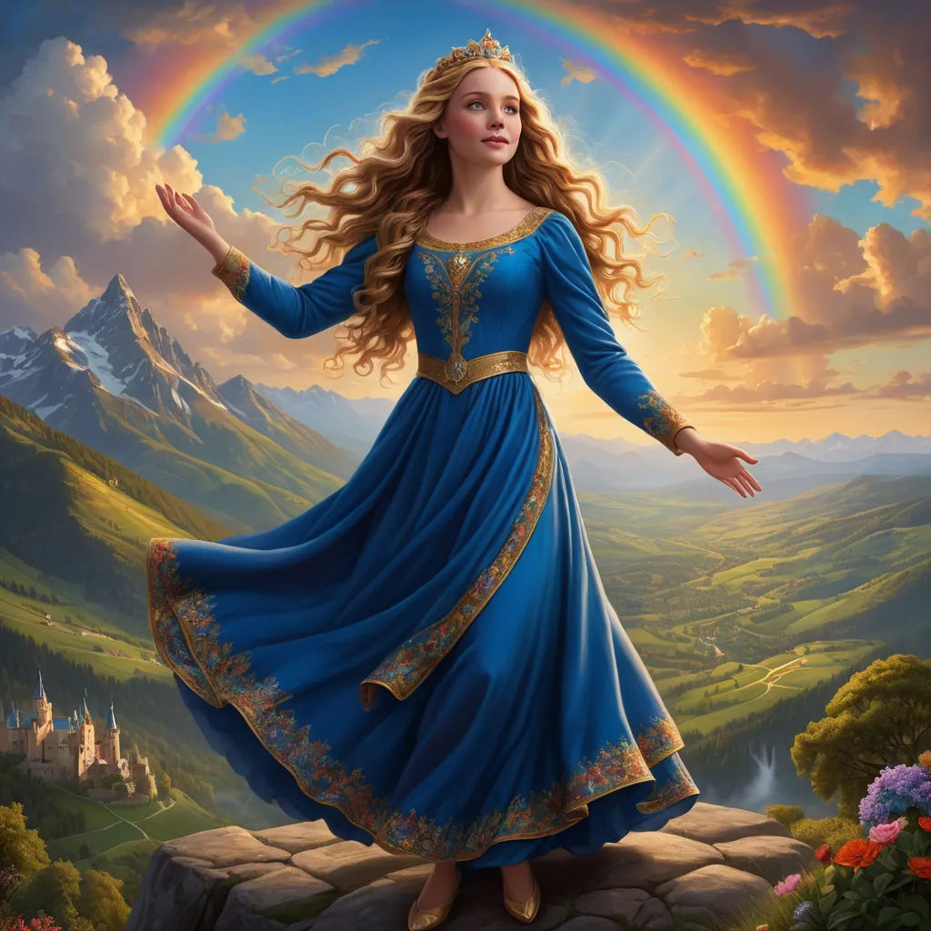 a beautiful woman in a blue dress standing on a rock with a rainbow in the background and a castle in the background, fantasy art, a storybook illustration, Anne Stokes, fantasy artwork