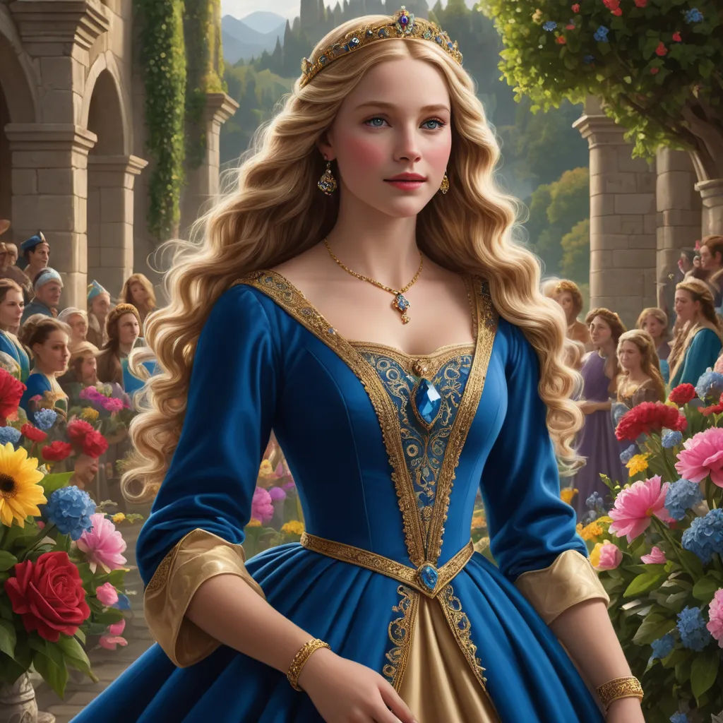 a painting of a woman in a blue dress with a tiara and flowers in the background, with a crowd of people in the background, fantasy art, a detailed painting, Arthur Hughes, rossdraws global illumination