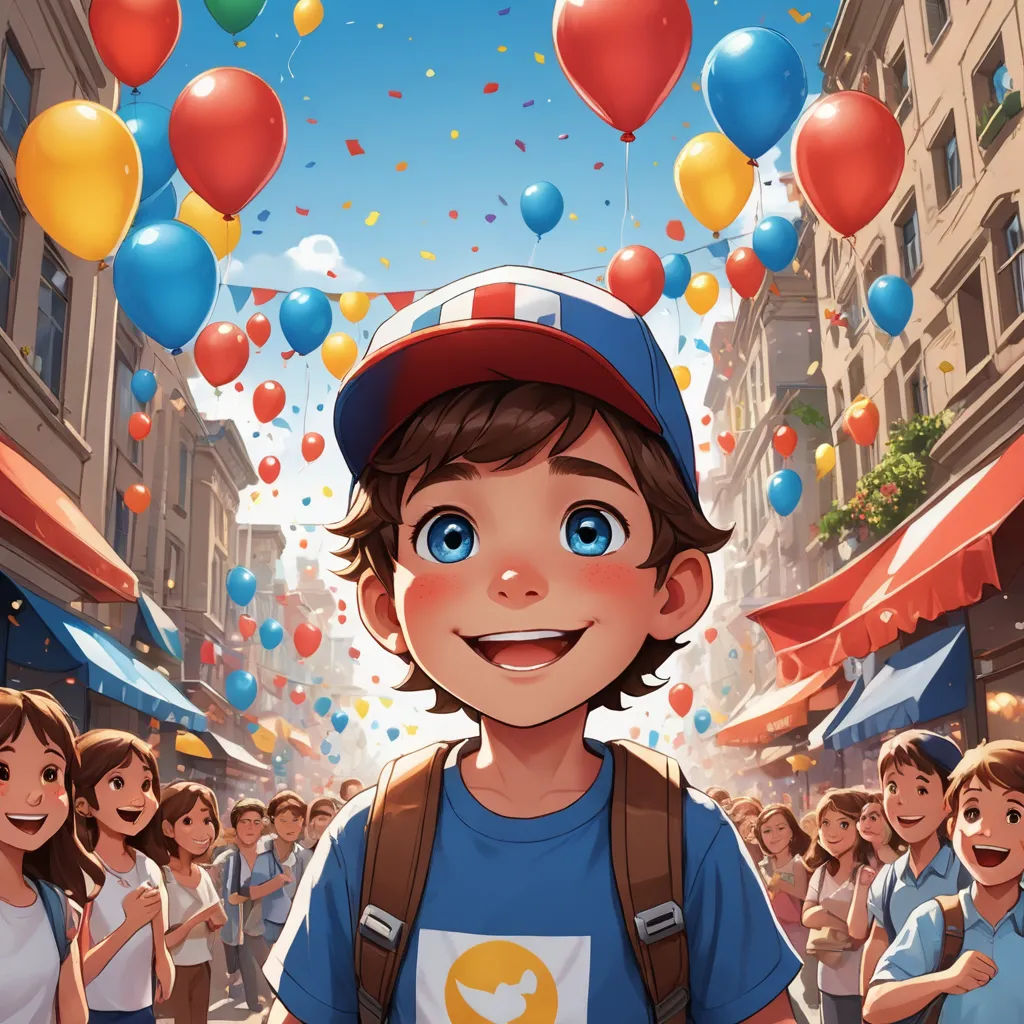 a boy with a backpack and a cap on standing in front of a crowd of people with balloons in the air, photorealism, a storybook illustration, Alejandro Burdisio, rossdraws global illumination