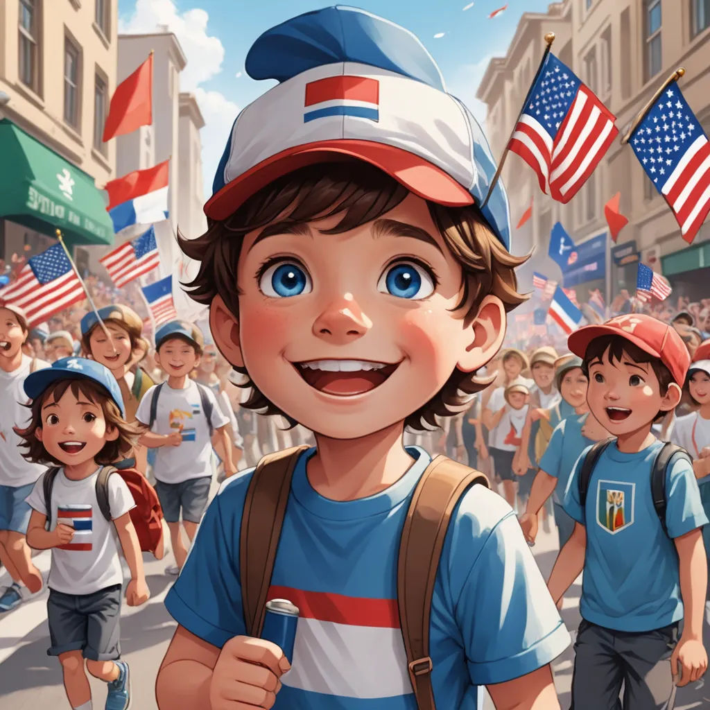 a boy in a baseball cap is smiling while walking down the street with other children in the background and a crowd of people behind him, american realism, a storybook illustration, Alejandro Burdisio, cushart krenz
