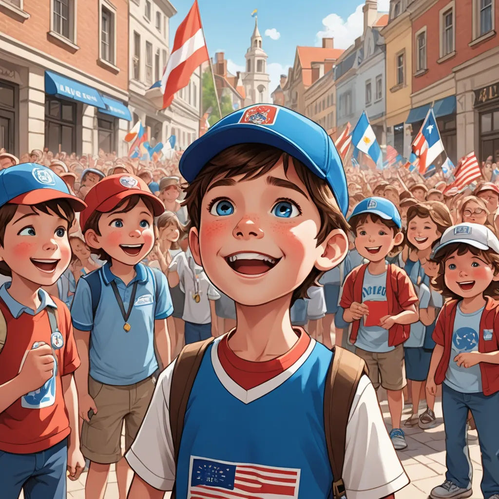 a boy in a blue hat is standing in front of a crowd of children in red, white and blue, american realism, a storybook illustration, Alejandro Burdisio, official art