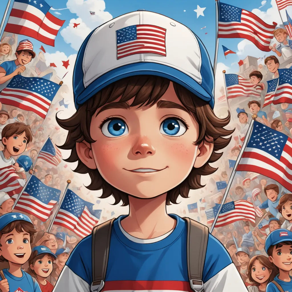a boy with a baseball cap and a blue shirt and american flags in the background, and a crowd of people, american realism, a storybook illustration, Americo Makk, graphic novel
