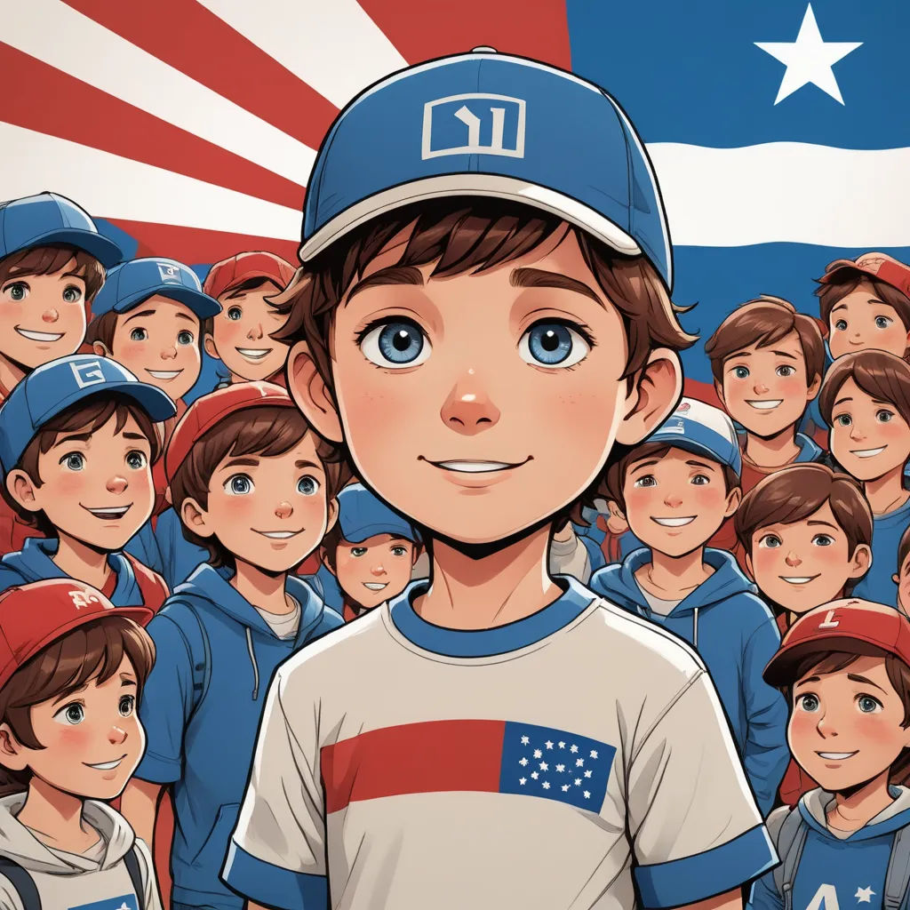 a boy in a baseball cap standing in front of a crowd of people in front of a flag of the united states, ashcan school, a storybook illustration, Americo Makk, comic cover art