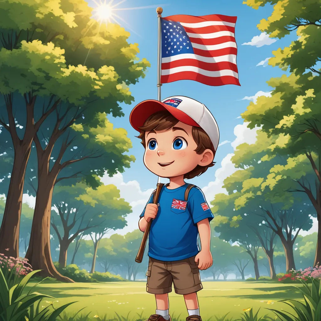a boy holding a baseball bat and a flag in a forest with trees and grass on the ground and a blue sky, american romanticism, a storybook illustration, Americo Makk, official art