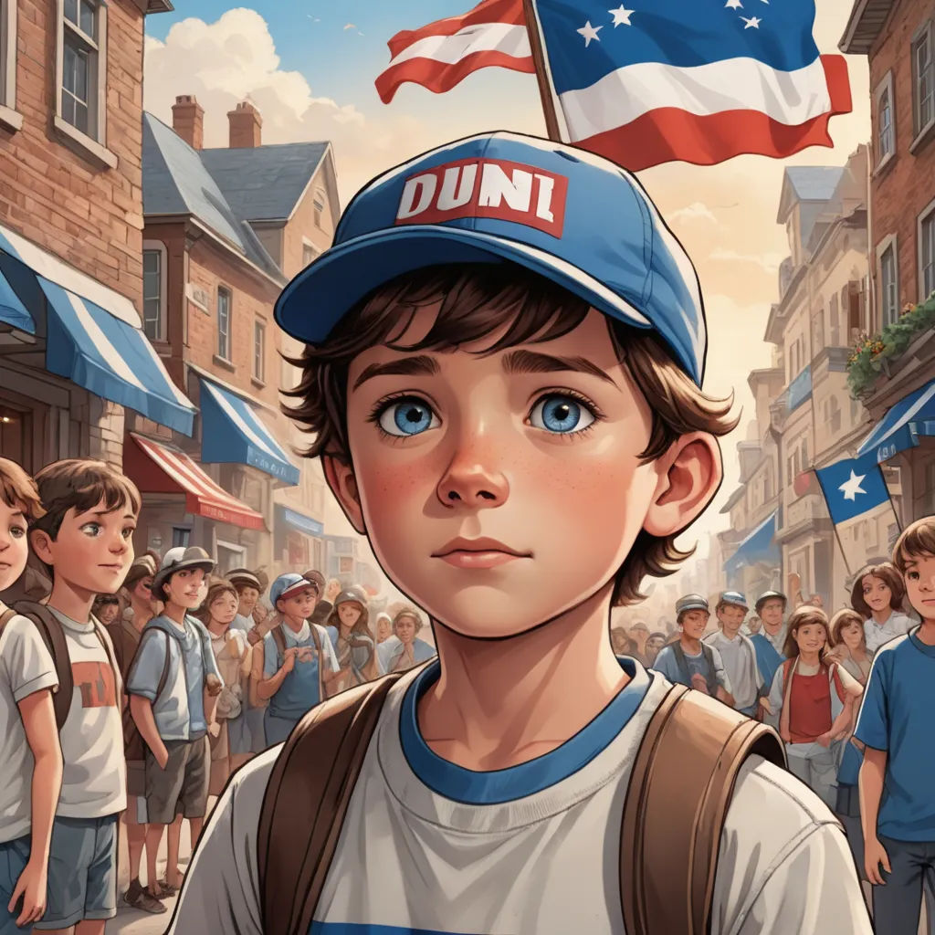 a boy with a hat on and a flag on his head in front of a crowd of people in a town, american realism, a storybook illustration, Drew Struzan, stanley artgerm lau