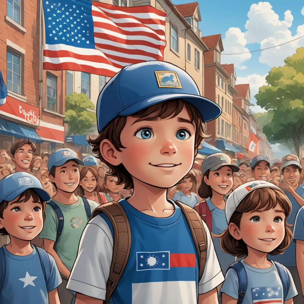 a boy in a blue hat stands in front of a crowd of people in front of a building with an american flag, american realism, a storybook illustration, F Scott Hess, cushart krenz