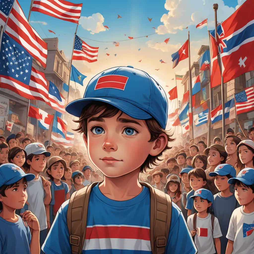 a boy in a blue hat stands in front of a crowd of people with flags in the background of him, american realism, a storybook illustration, F Scott Hess, official art