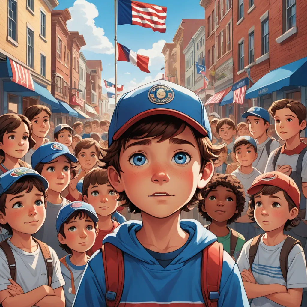 a boy in a blue baseball cap is surrounded by a crowd of children in a city street with a flag flying above him, american realism, a storybook illustration, Aaron Jasinski, comic cover art
