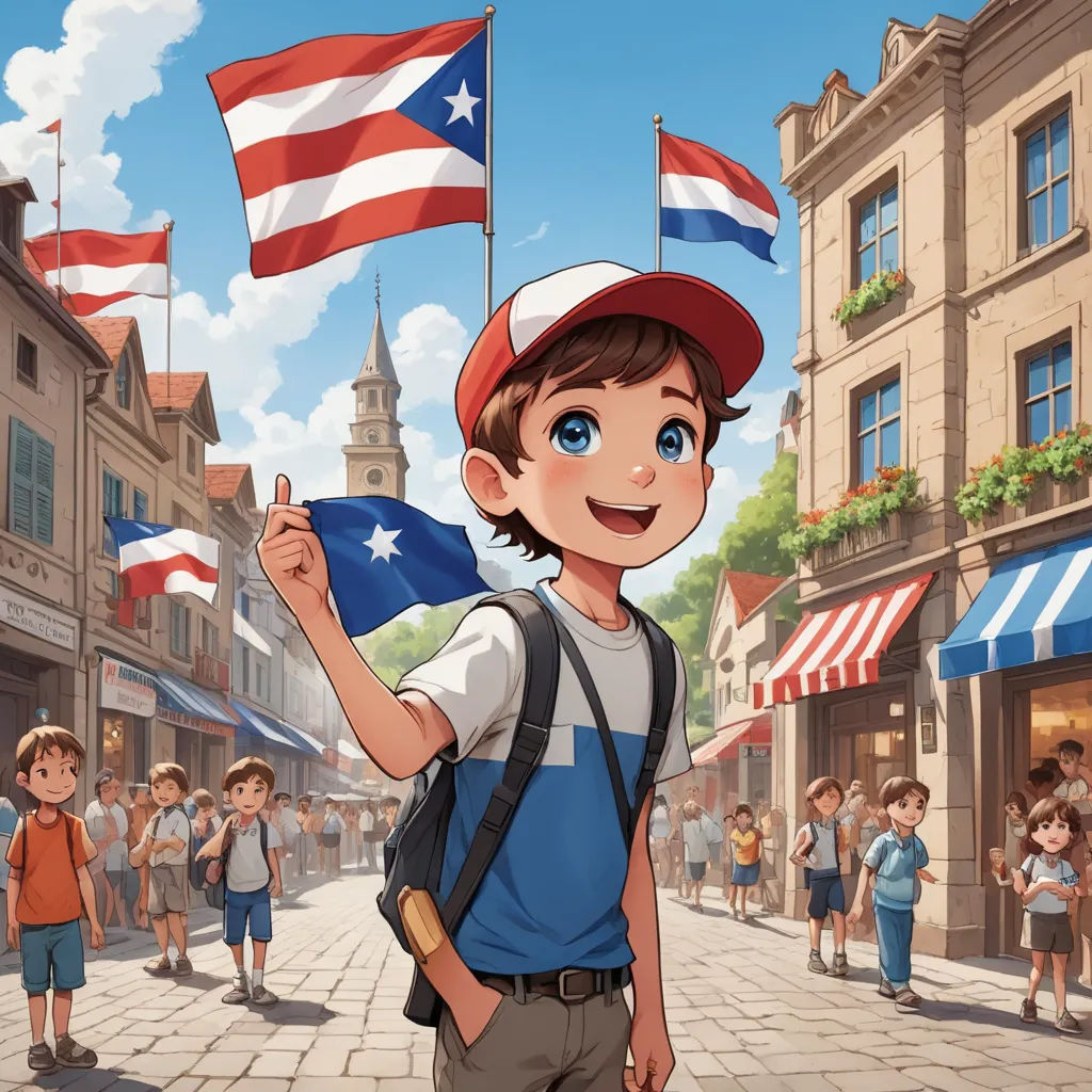 a boy holding a flag in a cartoon style with a crowd of people in the background watching him and smiling, regionalism, a comic book panel, Alejandro Burdisio, official art