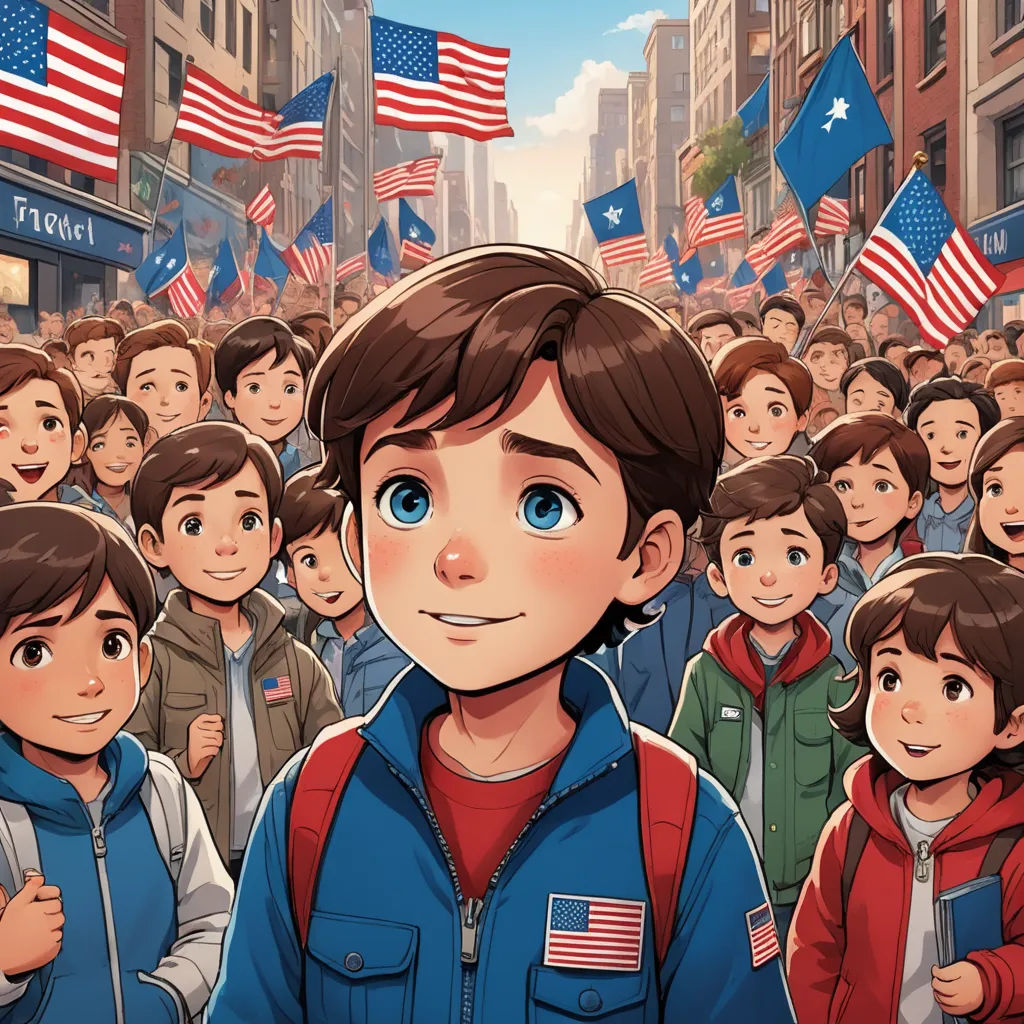 a boy in a crowd of people with american flags in the background and a cartoon of a boy in a blue jacket, american realism, a storybook illustration, Felix-Kelly, comic cover art