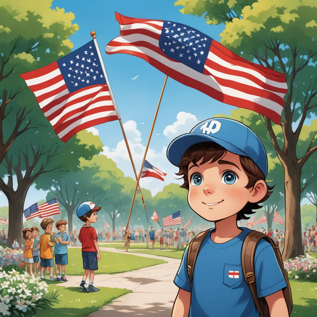 a boy with a backpack and a backpack standing in front of a flag and a crowd of people watching, american scene painting, a storybook illustration, Americo Makk, comic cover art