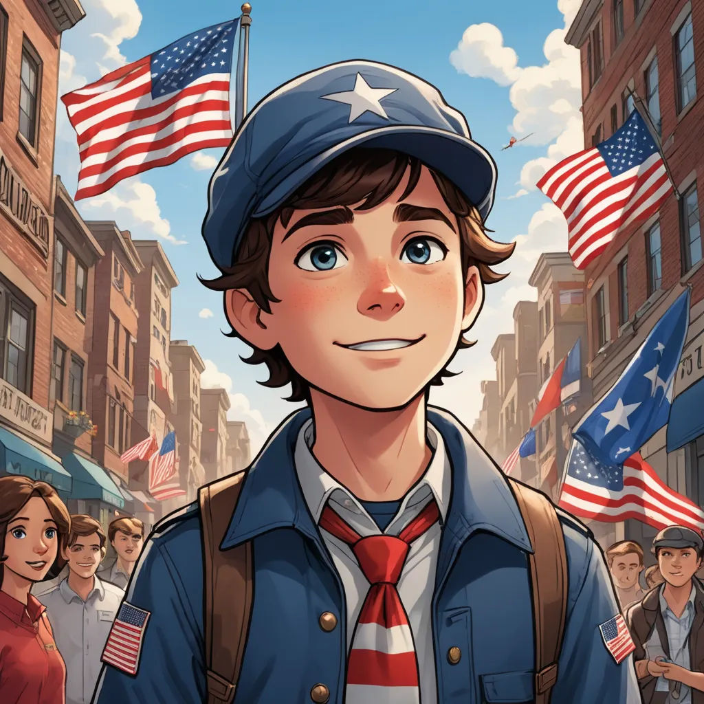 a cartoon of a man in a hat and tie with american flags in the background and a city street, american realism, a character portrait, Americo Makk, graphic novel