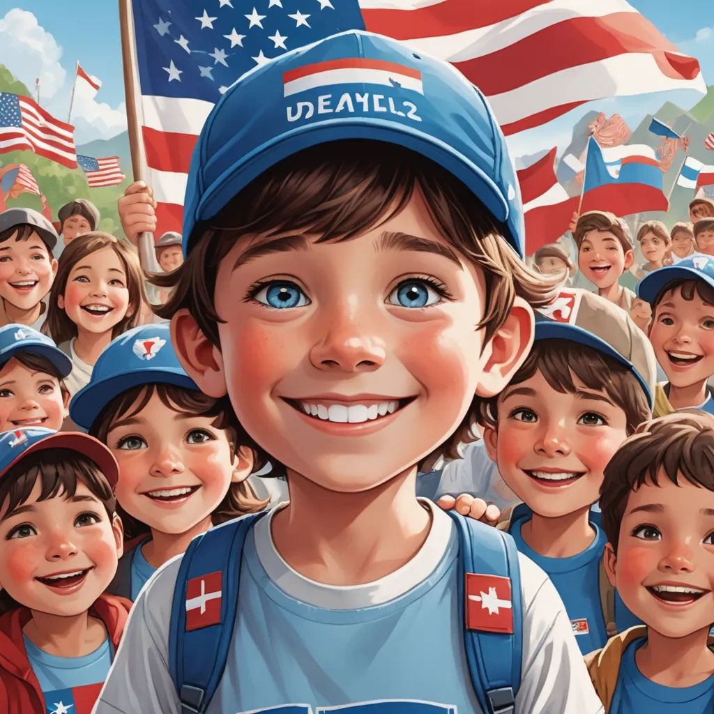 a boy in a blue hat is surrounded by a crowd of children and an american flag in the background, american realism, a storybook illustration, Daniel F. Gerhartz, stanley artgerm lau