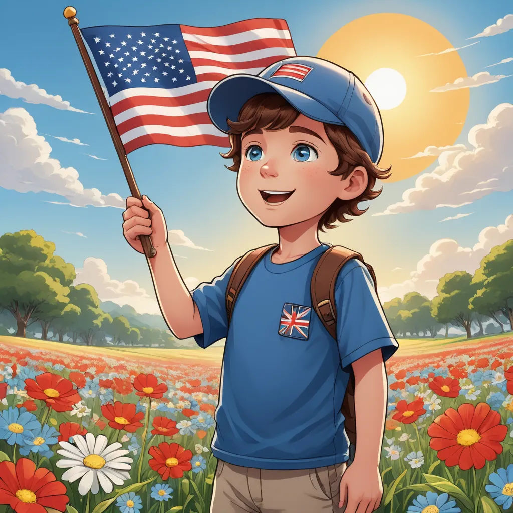 a boy holding a flag in a field of flowers with the sun in the background and clouds in the sky, american romanticism, a storybook illustration, Americo Makk, comic cover art