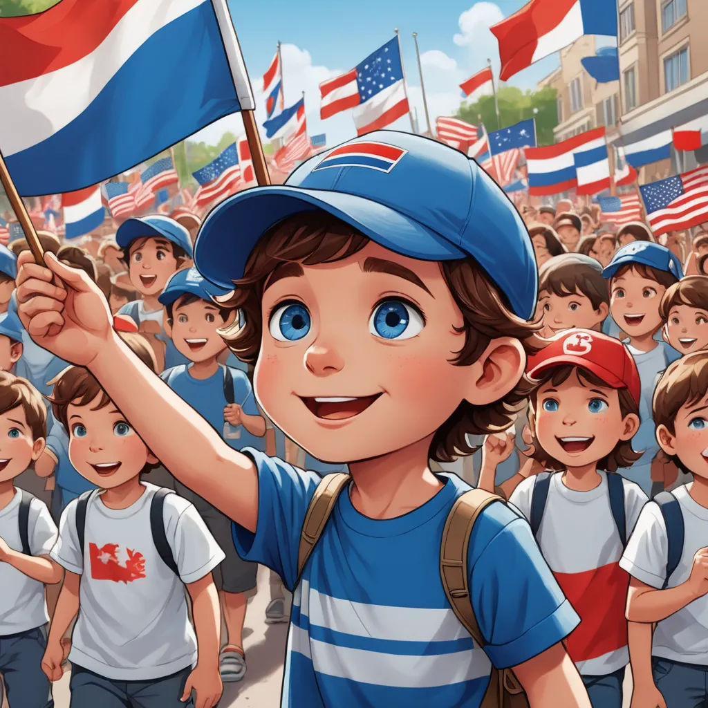 a boy holding a flag in front of a crowd of people in a city street with buildings and flags, regionalism, a storybook illustration, Americo Makk, official art