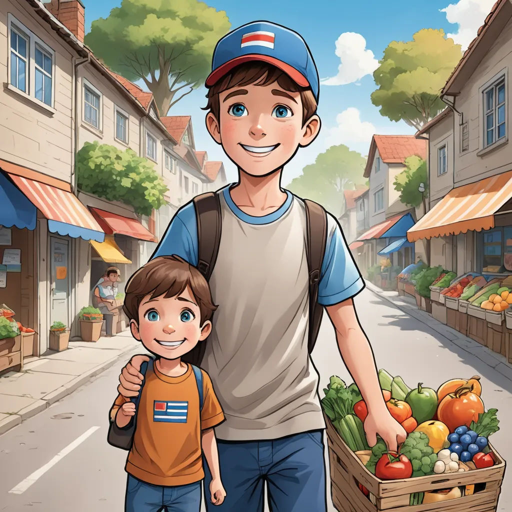 a man and a boy are walking down the street with a box of fruit and vegetables in front of them, socialist realism, a storybook illustration, Alejandro Burdisio, comic cover art