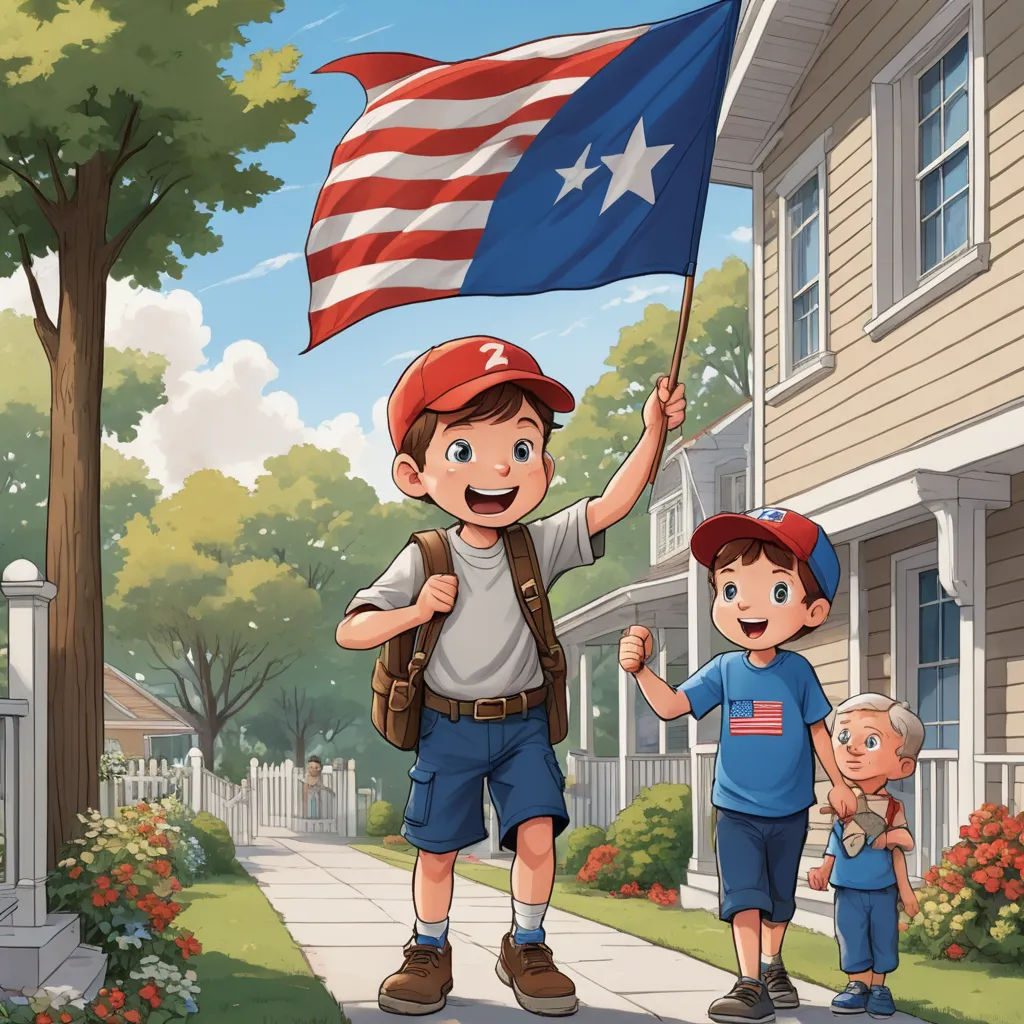 a boy holding a flag and a boy holding a boy's backpack walking down a sidewalk with a flag, american scene painting, a storybook illustration, Americo Makk, official art