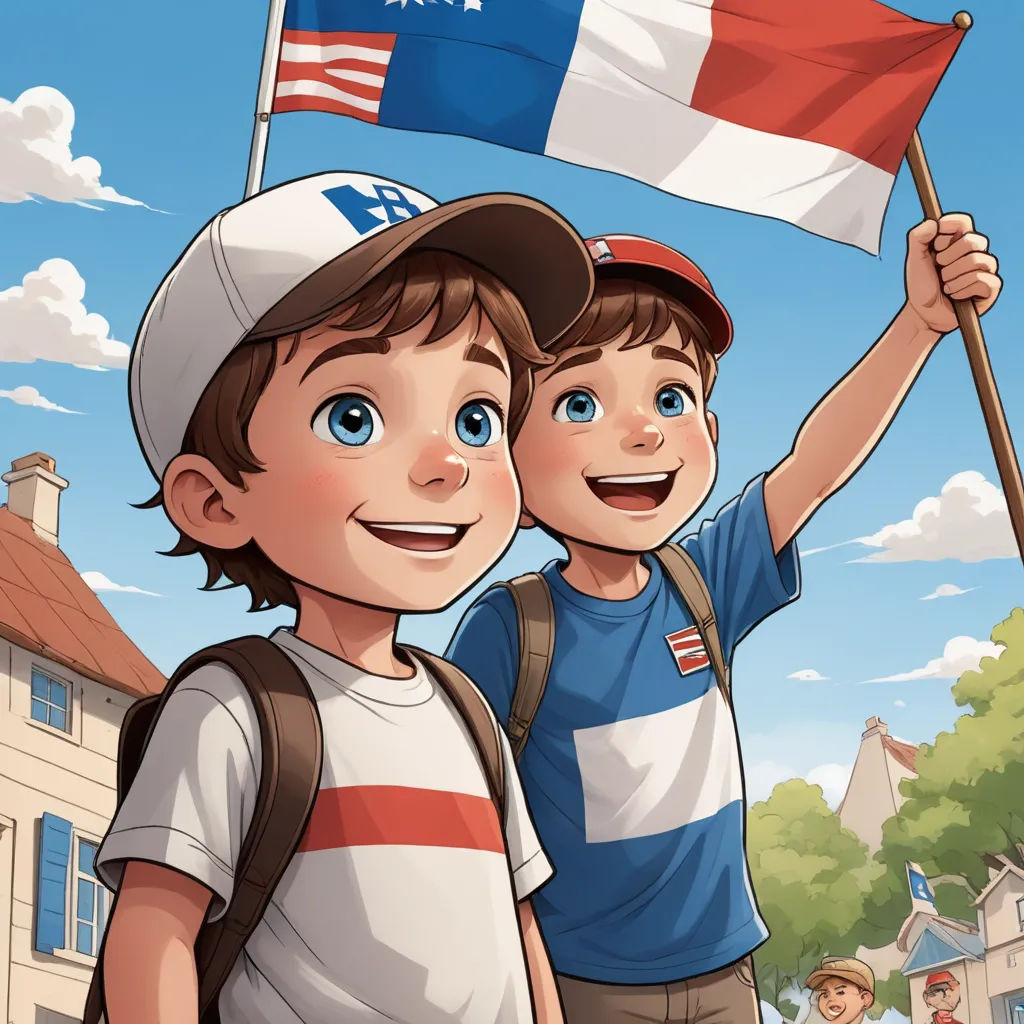 a boy and a boy holding a flag in front of a house with a flagpole in the foreground, paris school, a storybook illustration, Brothers Hildebrandt, comic cover art