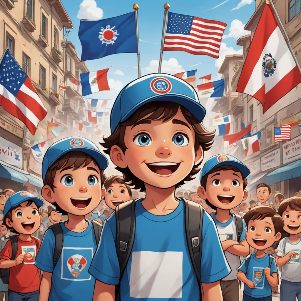 a boy in a blue hat is surrounded by other boys in blue shirts and hats and flags in the background, regionalism, a storybook illustration, Americo Makk, comic cover art