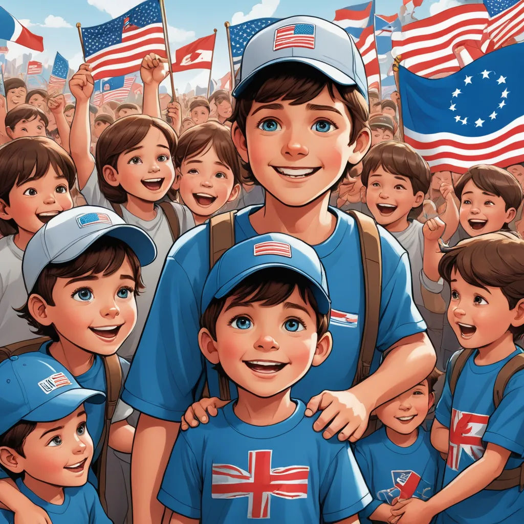 a man in a blue shirt and hat surrounded by children with flags of the united states on their shirts, american romanticism, a storybook illustration, Americo Makk, graphic novel