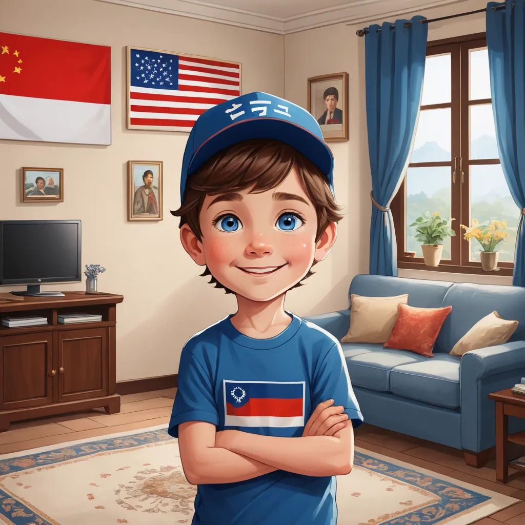 a cartoon boy in a blue shirt and cap standing in a living room with a blue couch and a flag on the wall, sots art, a storybook illustration, Adrian Zingg, official art