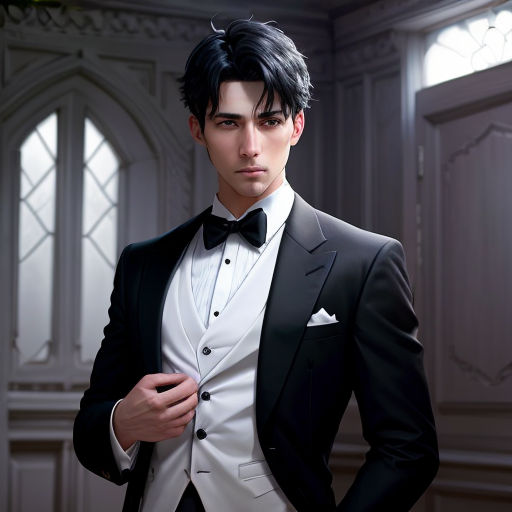 a man in a tuxedo is posing for a picture in a room with windows and a door