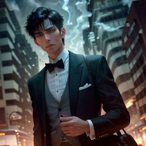 a man in a suit and bow tie standing in a city at night with a lightning background and a cityscape