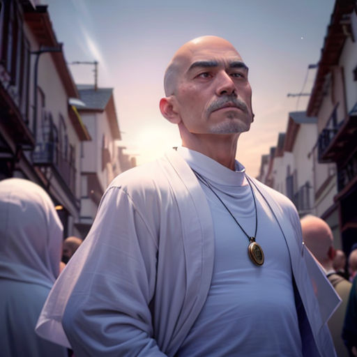 a man in a white shirt and a necklace standing in a street with people walking around him and buildings in the background