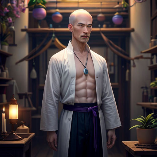 a man with a bald head and no shirt standing in a room with a potted plant and a candle