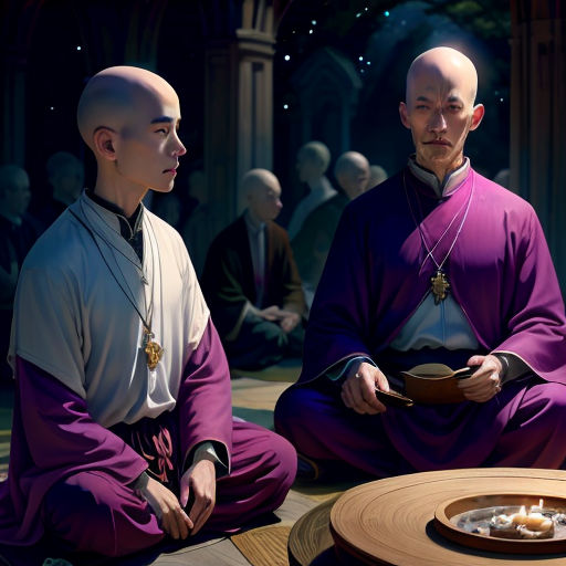 two men sitting on the floor in front of a table with food on it and one man in a monk outfit