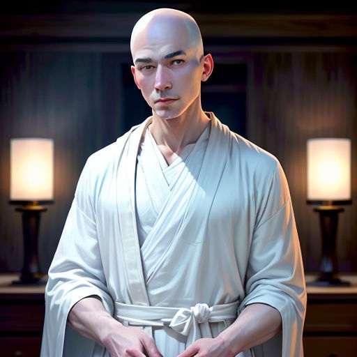 a man in a white robe standing in a room with two lamps on either side of him and a lamp on the other side of the room