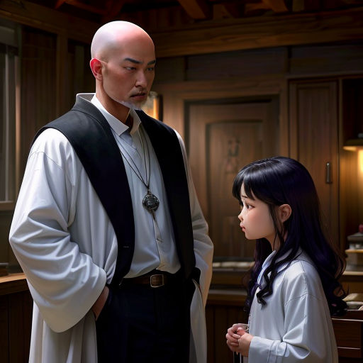 a man and a woman standing in a kitchen next to each other, looking at each other, with a bald head