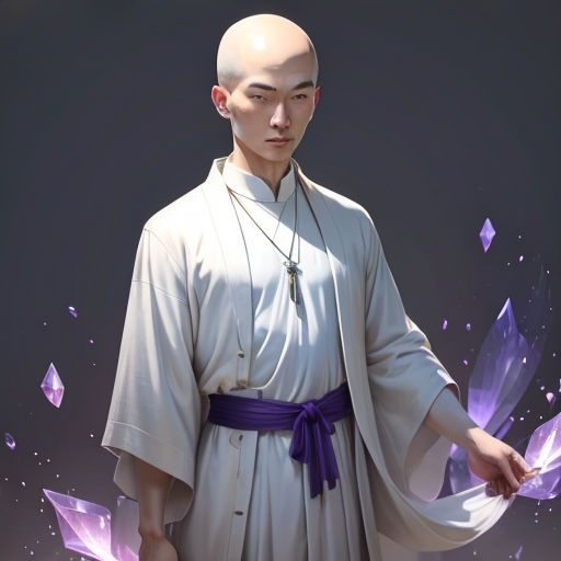 a man in a white robe and purple belt standing in front of a purple background with crystals and a purple ribbon