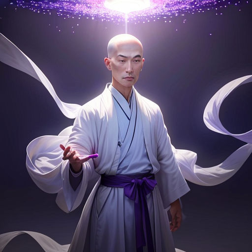a man in a white robe holding a purple object in his hand and a purple object in the sky above him