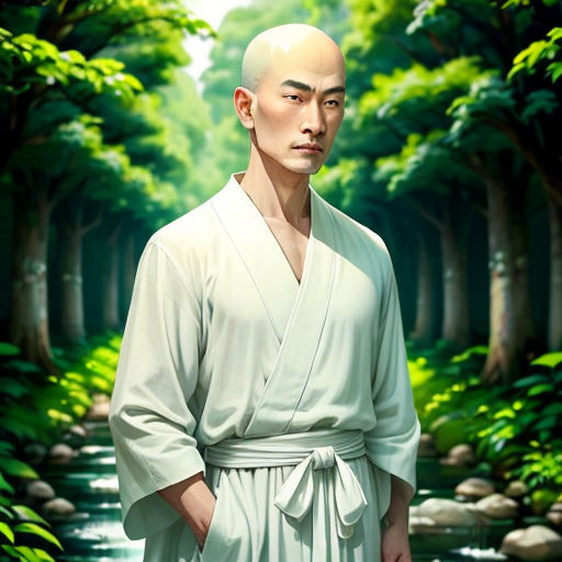 a man in a white robe standing in a forest with a stream of water behind him and trees behind him