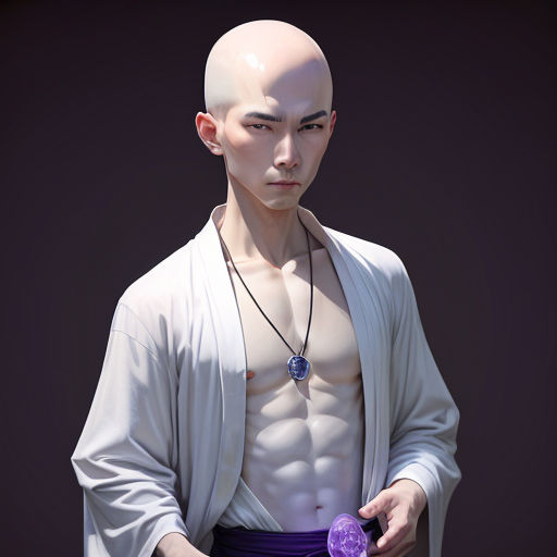 a man with a bald head and a purple belt holding a purple object in his hand and wearing a white robe