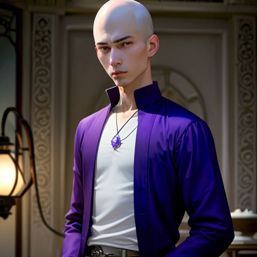 a man with a bald head wearing a purple jacket and white shirt and a necklace with a purple flower